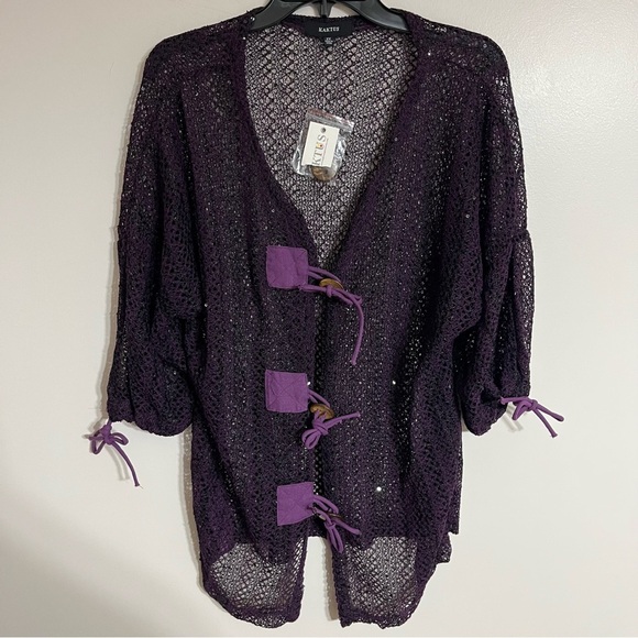 Kaktus Women's Size 2XL Purple Open-Weave Button Cover Up 3/4 Sleeves Boho-Chic - Picture 1 of 11
